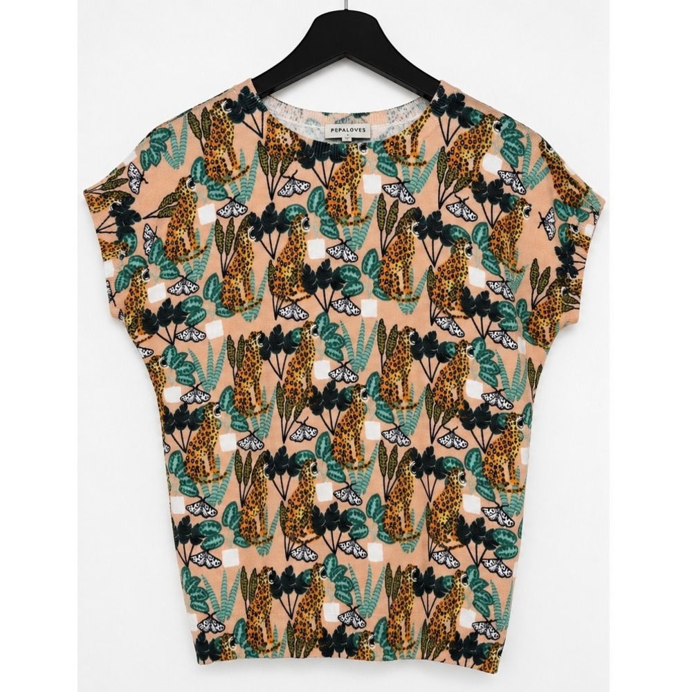 PepaLoves Peach Leopard Jungle Print Short Sleeve Knit Sweater Top XS